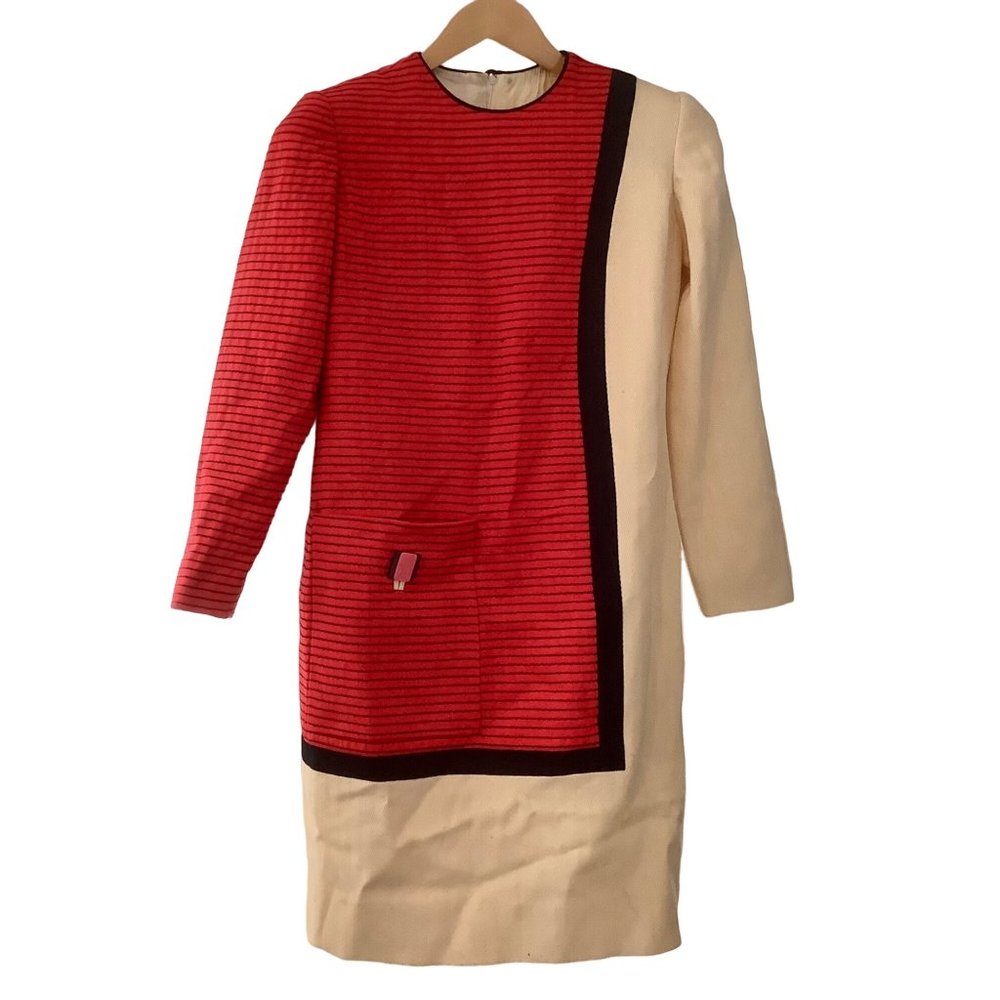 Vintage 90s DAVID HAYES Colorblock Long Sleeve Dress 6 Career Red Navy Ivory